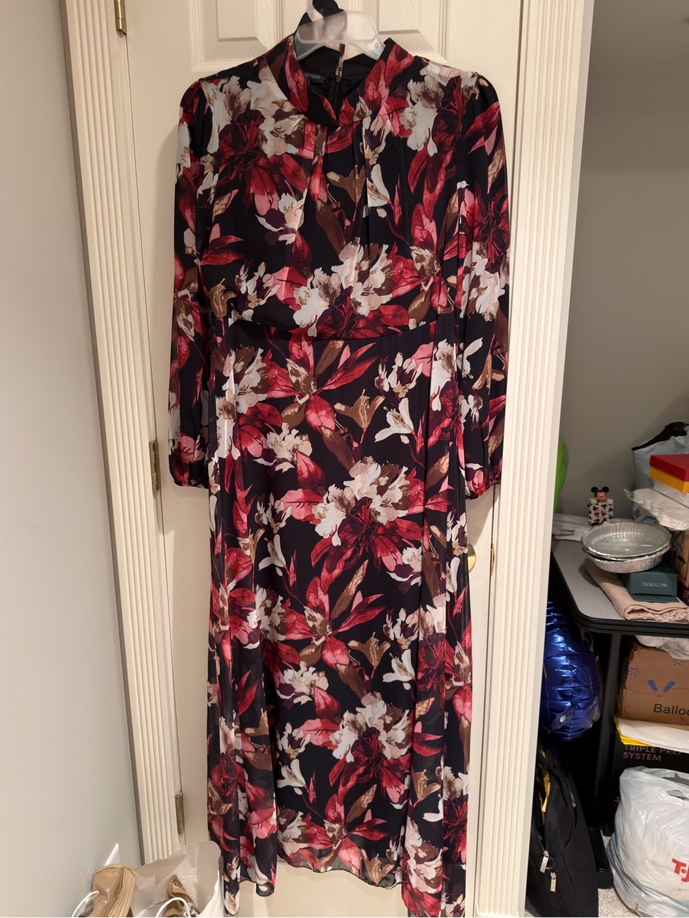 Tart Collections Black Maxi Dress with Burgundy and Cream Floral Print